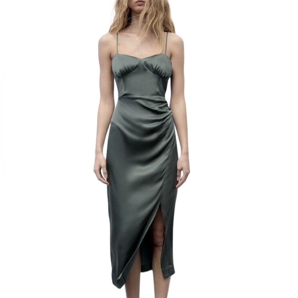 Zara Dark Green Satin Effect Side Slit Ruched Midi Slip Dress - XS